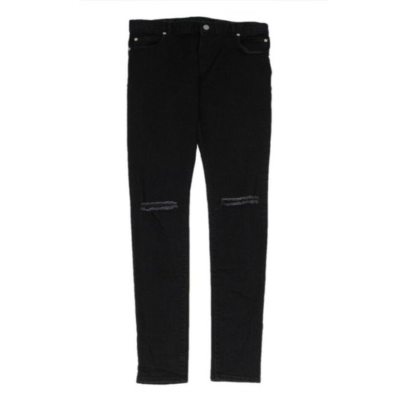 Balmain Mens Skinny Jeans Size 33x34 Black Knee Slashed Stretch Distressed Denim
